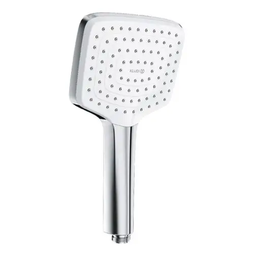 Handbrause von Kludi mit quadratischem Kopf und mehreren Wasserstrahlöffnungen, verchromt, mit ergonomischem Haltegriff für eine komfortable Nutzung.